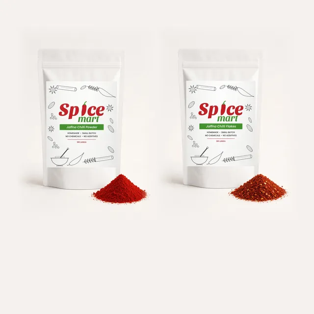 Spice Mart Chili Powder and Chili Flakes pouches (generated pack renders)