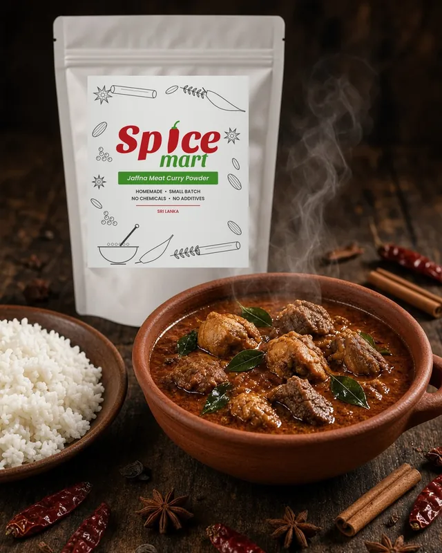 Meat curry in a clay bowl with rice, whole spices and the Spice Mart pouch (generated image)
