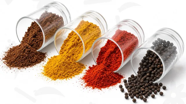 Glass jars tipped over with curry powder, turmeric, chilli powder and black peppercorns spilling out (generated image)