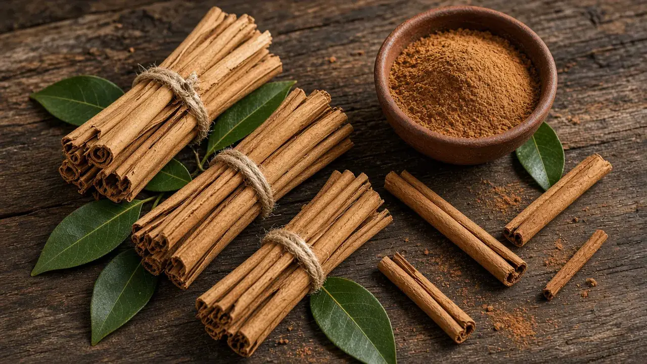 Bundles of thin Ceylon cinnamon quills tied with twine beside a clay bowl of cinnamon powder and fresh cinnamon leaves
