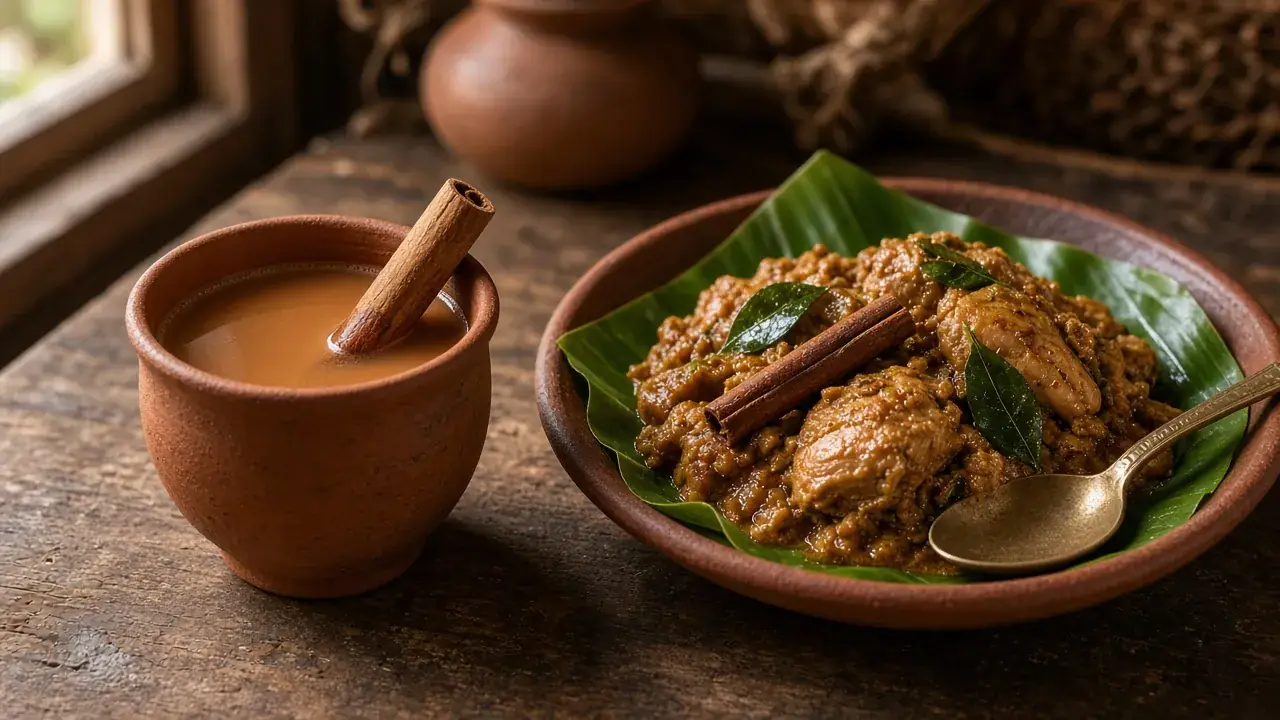 A clay cup of cinnamon tea with a Ceylon cinnamon quill next to a plate of chicken curry on a banana leaf