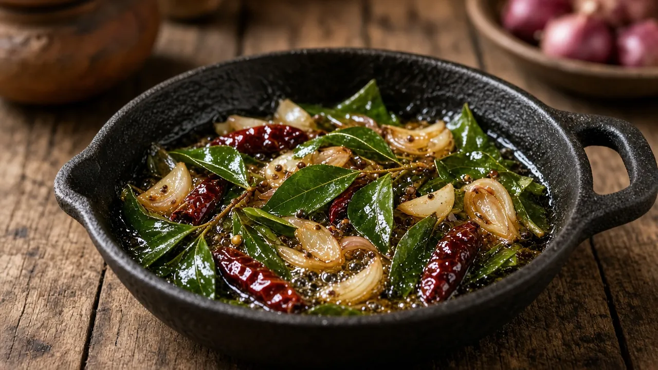 Curry leaves, mustard seeds, shallots and dried chillies tempering in hot oil in a cast-iron pan