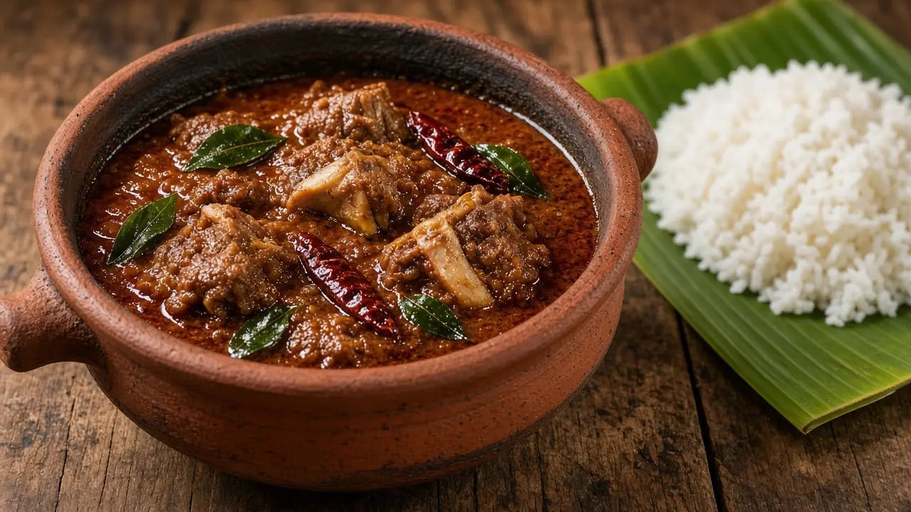 Jaffna mutton curry in a clay pot with rice on a banana leaf