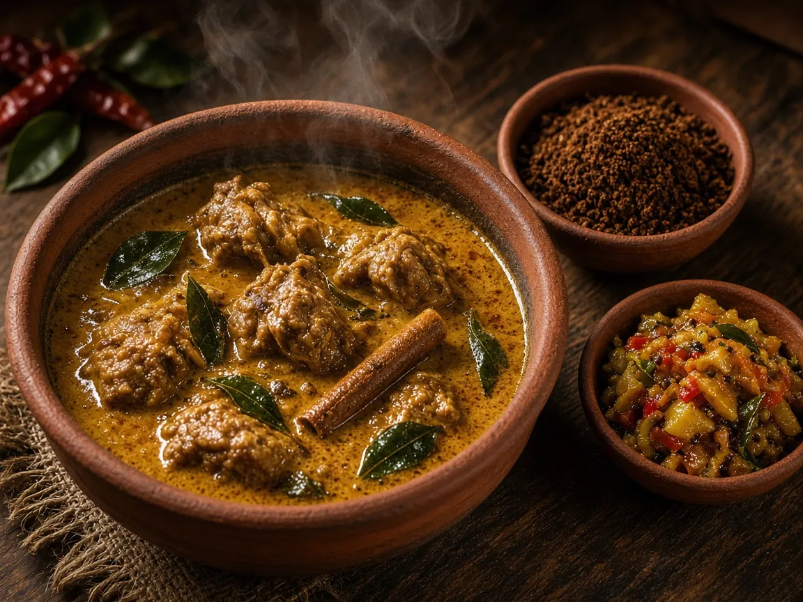 Jaffna-style meat curry in a clay pot with a bowl of curry powder and a tangy pickle on the side