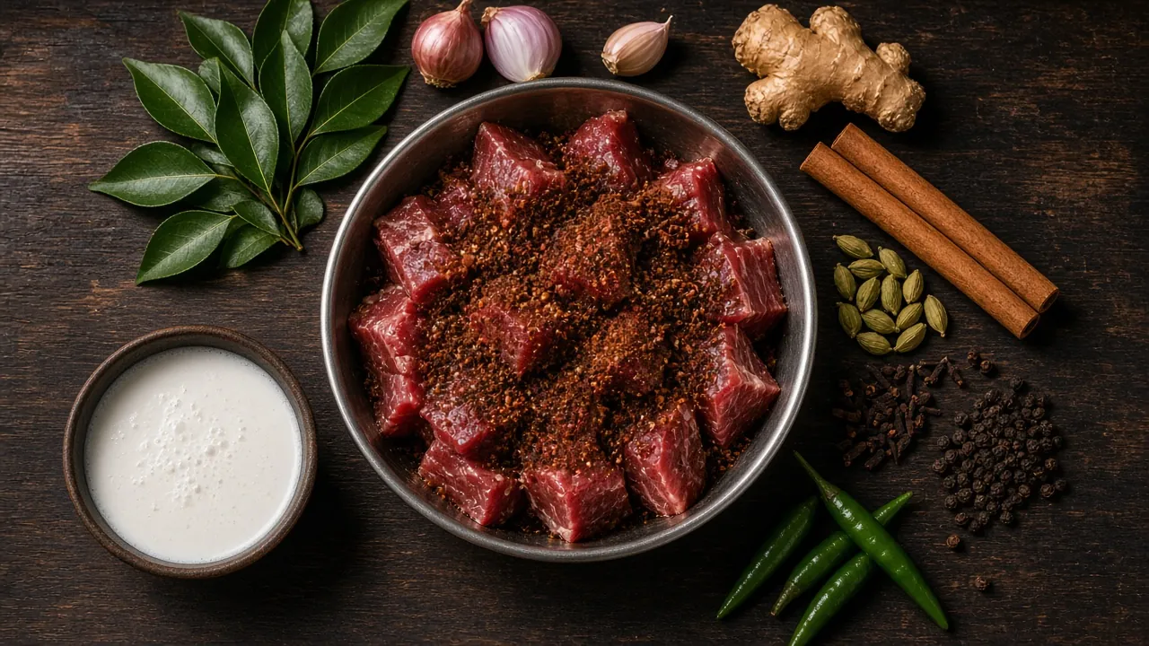 Ingredients for Jaffna-style beef curry on a wooden board
